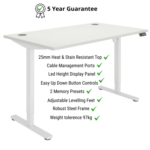 Core Electric Single Motor Height Adjustable Sit Stand Desk 1200 x 800 Arctic White Top & White Frame with Memory Function - 5 Year Warranty
